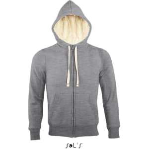 A grey unisex hoodie with a super warm Sherpa lining, featuring a zip, hood, and front pockets. It has a brand logo.