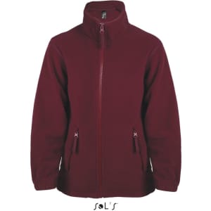 A maroon kids' zip fleece jacket with a high collar and two side pockets. It features a logo on the upper section.