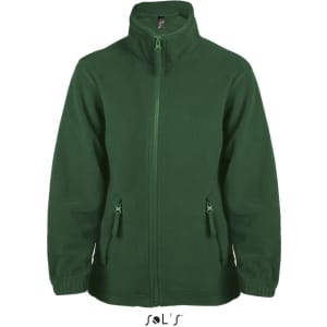 A green kids' zip fleece jacket featuring a high collar and two front pockets. It has a logo on the upper portion.