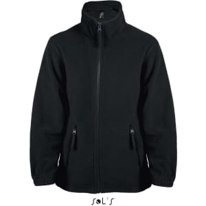 A black fleece jacket featuring a zip front, high collar, and side pockets. It also has a logo on the collar.