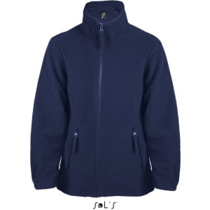 A navy blue kids' zip fleece jacket with a high collar and two front pockets. It features a logo on the inside.