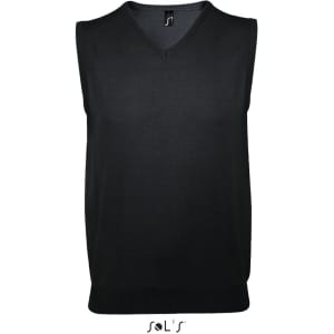 A black unisex sleeveless vest made of cotton and acrylic, featuring a V-neck design and a logo at the neck.