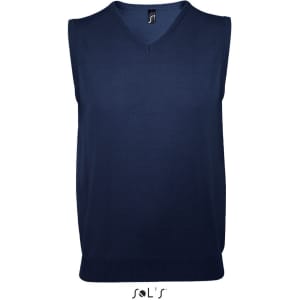 A navy blue unisex vest made of cotton and acrylic with a v-neck design and a logo at the neckline.