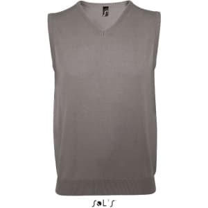 A light grey unisex cotton/acrylic vest with a v-neck and a fitted hem. It features a logo on the collar.