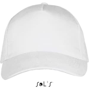 A white five-panel cap made of heavy brushed cotton, featuring a branding logo on the front.