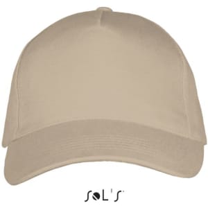A beige five-panel cap made from heavy brushed cotton, featuring a logo on the front.