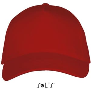 A red five-panel heavy brushed cotton cap with a logo on the front.
