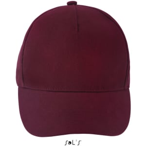 A burgundy five-panel cap made of heavy brushed cotton, featuring a logo on the front.