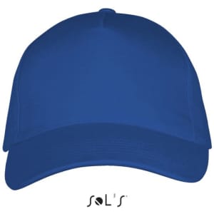 A blue heavy brushed cotton cap featuring a classic five-panel design and a logo.