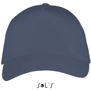 A navy blue, five-panel cap made of heavy brushed cotton, featuring a logo on the front.