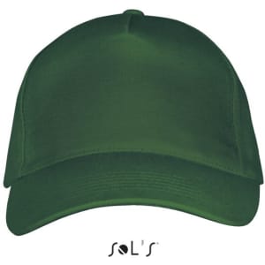 A green five-panel cap made of heavy brushed cotton, featuring a logo on the front.