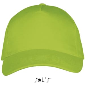 A bright lime green cap with a curved brim and a structured front, featuring a logo on the underside.