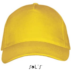 A yellow five-panel cap made of heavy brushed cotton, featuring a logo on the front.