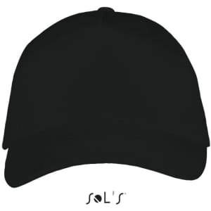 A black five-panel heavy brushed cotton cap featuring a logo.