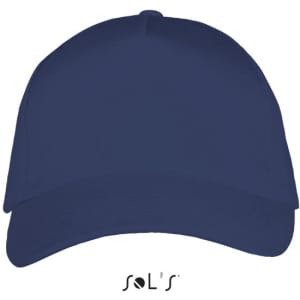 A navy blue five-panel cap made from heavy brushed cotton, featuring a logo on the underside.