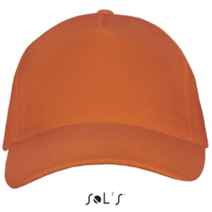An orange five-panel cap made of heavy brushed cotton, featuring a logo on the front.