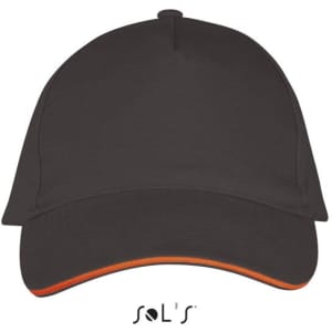 A black five-panel cap with an orange accent and a logo at the front. The fabric appears heavy brushed cotton.