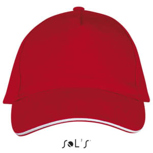 A red five-panel cap made of heavy brushed cotton with a logo at the front.