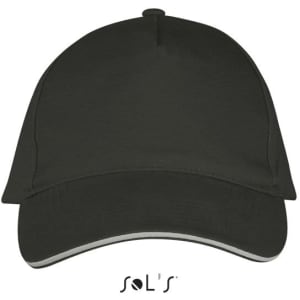 A black five-panel heavy brushed cotton cap with a curved brim and a logo on the front.