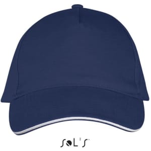 A navy blue five-panel cap made from heavy brushed cotton, featuring a contrasting trim and a logo.