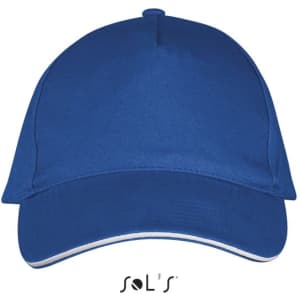 A blue five-panel cap made of heavy brushed cotton, featuring a logo on the front.