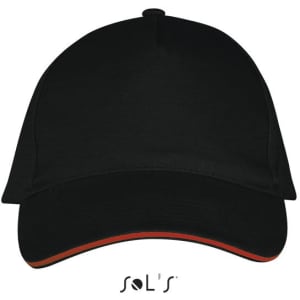 A black five-panel cap made of heavy brushed cotton, featuring a contrasting red inside and a logo.
