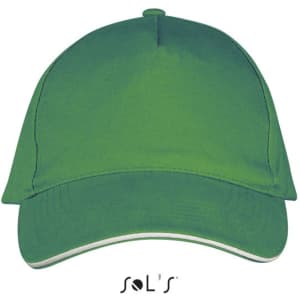 A green five-panel cap made of heavy brushed cotton, featuring a logo on the front.