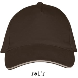 A brown five-panel heavy brushed cotton cap with a curved peak and a decorative trim. It features a logo at the front.