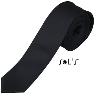A black slim tie, rolled neatly with a branding logo visible. The tie features a sleek and modern design.
