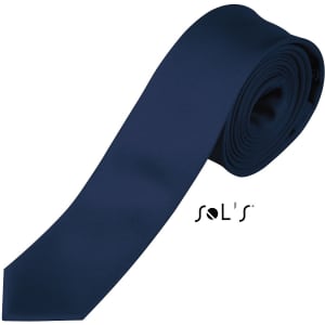 A slim navy tie with a smooth finish and a branding logo on the side.