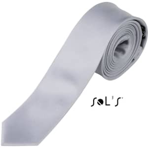 A slim silver tie rolled neatly, featuring a logo on the side. The tie has a smooth, shiny finish.