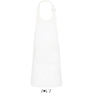 A white kids' apron with a pocket, made from a polyester and cotton mix, featuring a logo at the bottom.
