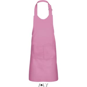 A pink kids' apron with a pocket, made from a polyester and cotton mix, featuring a logo at the bottom.