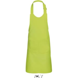 A kids' size apron in bright green, featuring a front pocket and made from a polyester-cotton mix. It has a logo.