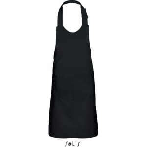 A kids' apron in black made from a polyester-cotton mix, featuring a front pocket and an adjustable neck strap.