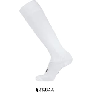 White soccer socks displayed upright, featuring a logo on the side. Suitable for adults and kids.