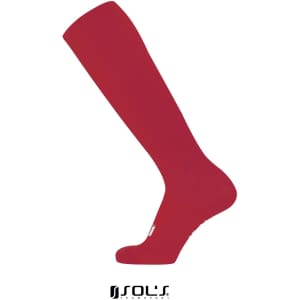 Red soccer socks featuring a knee-high design, suitable for adults and kids, with a logo at the bottom.