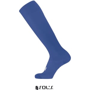 A pair of blue soccer socks featuring a knee-high design and a logo. Suitable for adults and kids.