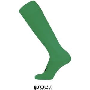 Green soccer sock for adults and kids, featuring a ribbed design and a logo at the base.