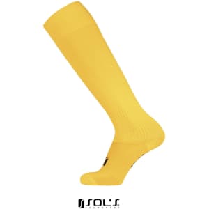 Bright yellow soccer sock, featuring a logo at the bottom. Suitable for adults and kids.
