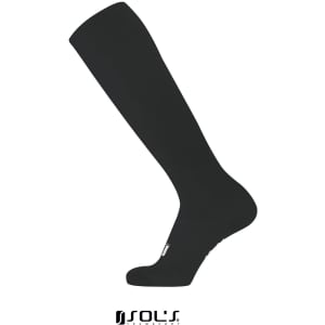 Black soccer socks designed for both adults and kids, featuring a logo and knee-high length.