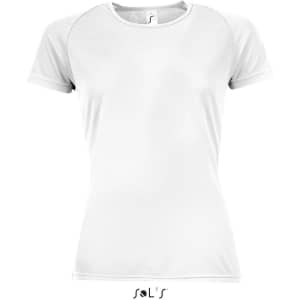 A white women's T-shirt with raglan sleeves made from 100% breathable polyester, featuring a logo.