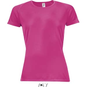 A women's pink raglan sleeve T-shirt made of 100% breathable polyester, featuring a logo.