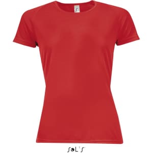 A red women's T-shirt with raglan sleeves made of 100% breathable polyester, featuring a logo at the neckline.