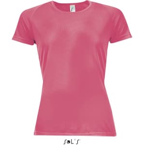 A women's sporty T-shirt in vibrant pink with raglan sleeves and a logo on the front. Made from 100% breathable polyester.