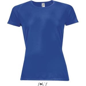 A women's sporty T-shirt in vibrant blue, featuring raglan sleeves and made of 100% breathable polyester.
