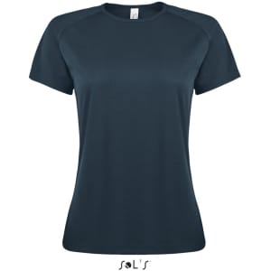 A women's raglan sleeve T-shirt in navy blue, made from 100% breathable polyester, featuring a logo.