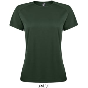 A women's sporty T-shirt with raglan sleeves in dark green, made from 100% breathable polyester, featuring a logo.