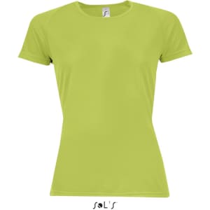 A women's sporty T-shirt in vibrant lime green with raglan sleeves and a logo. Made of 100% breathable polyester.