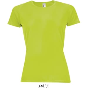 A women's sporty raglan sleeve t-shirt in bright lime green, made of 100% breathable polyester, featuring a logo.